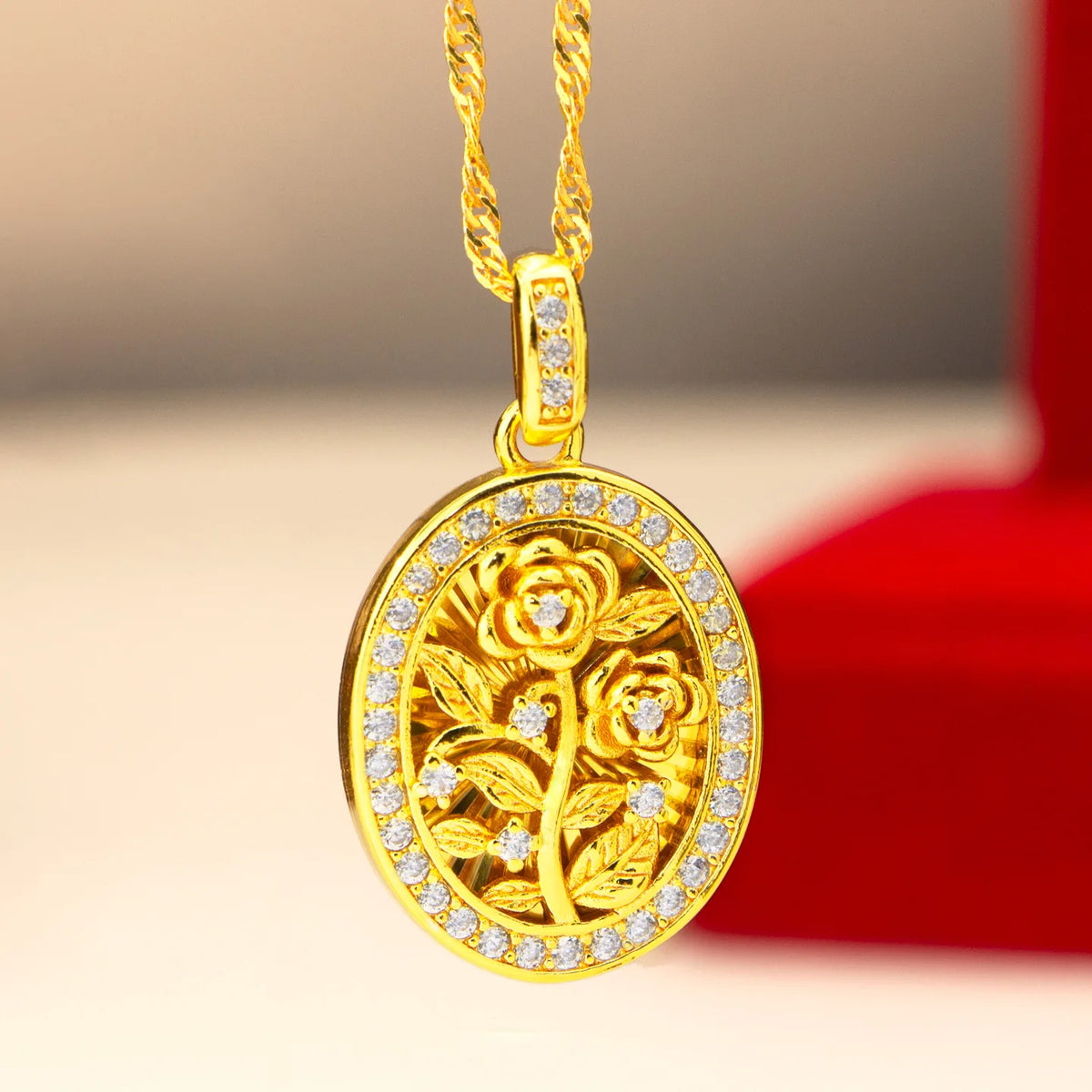 Luxury 24K 9999 Pure Gold real gold Women's Diamond Rose Pendant Necklace