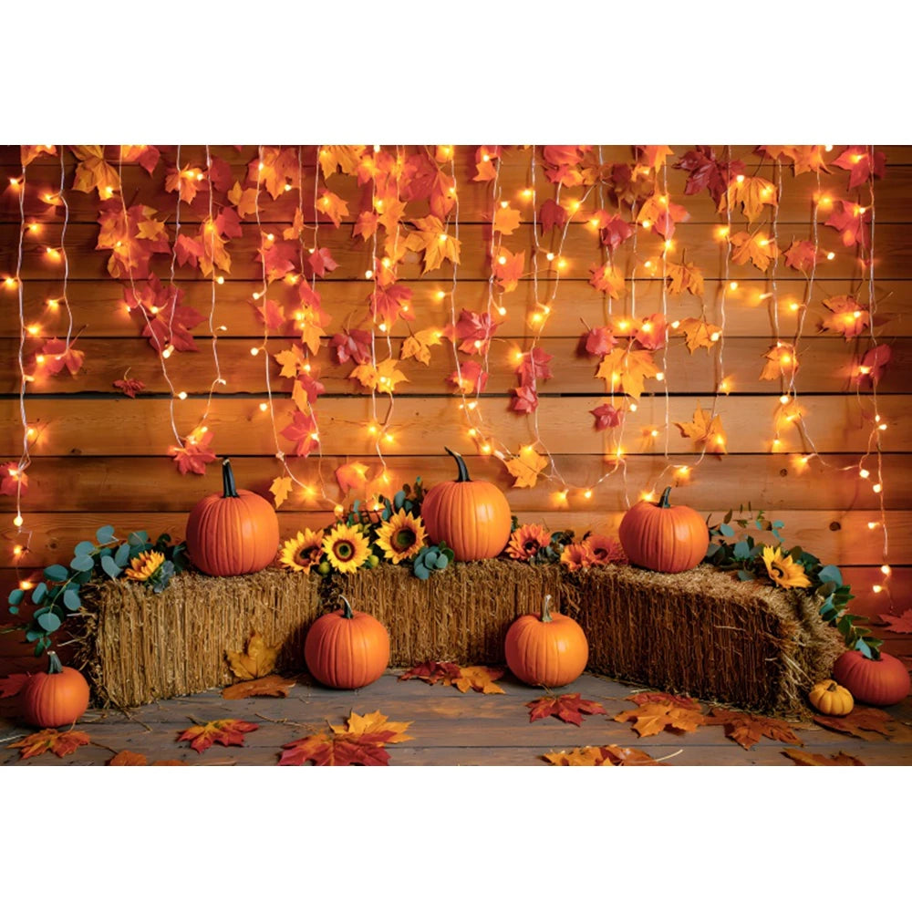 Autumn Photography Backdrop Grey Wooden Board Shining Pumpkin Sunflower 2026 Fall Thanksgiving Party Decoration Photo Background