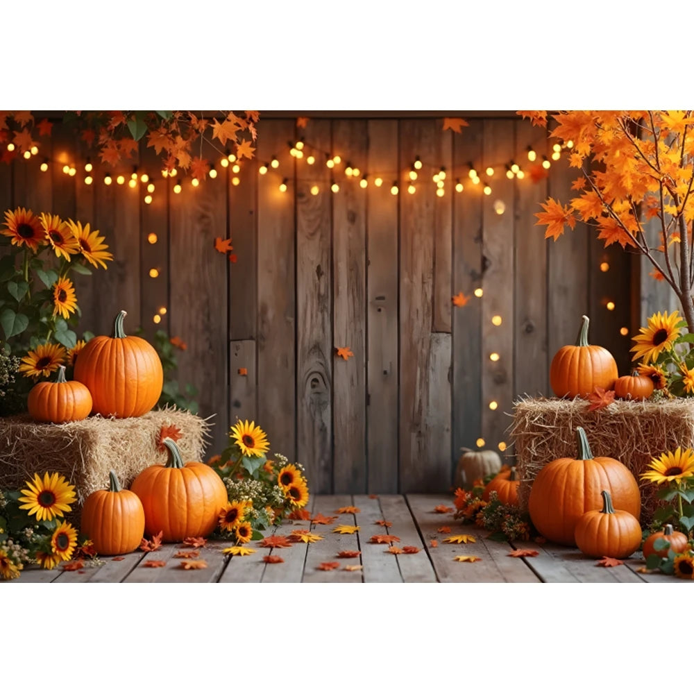 Autumn Photography Backdrop Grey Wooden Board Shining Pumpkin Sunflower 2026 Fall Thanksgiving Party Decoration Photo Background