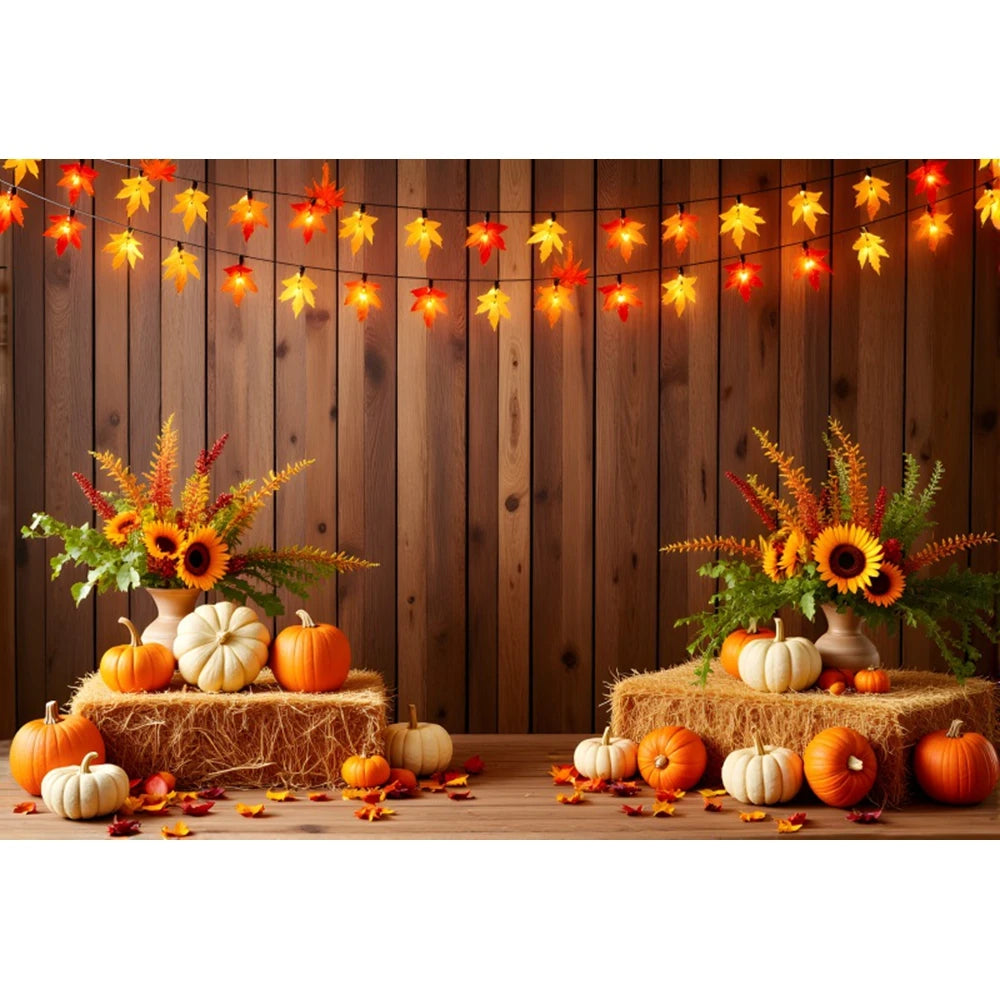 Autumn Photography Backdrop Grey Wooden Board Shining Pumpkin Sunflower 2026 Fall Thanksgiving Party Decoration Photo Background