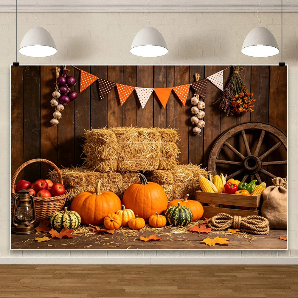 Autumn Scenery Photography Background Yellow Maple Leaves Pumpkin Large Banner Fall Harvest Thanksgiving Party Decor Backdrop