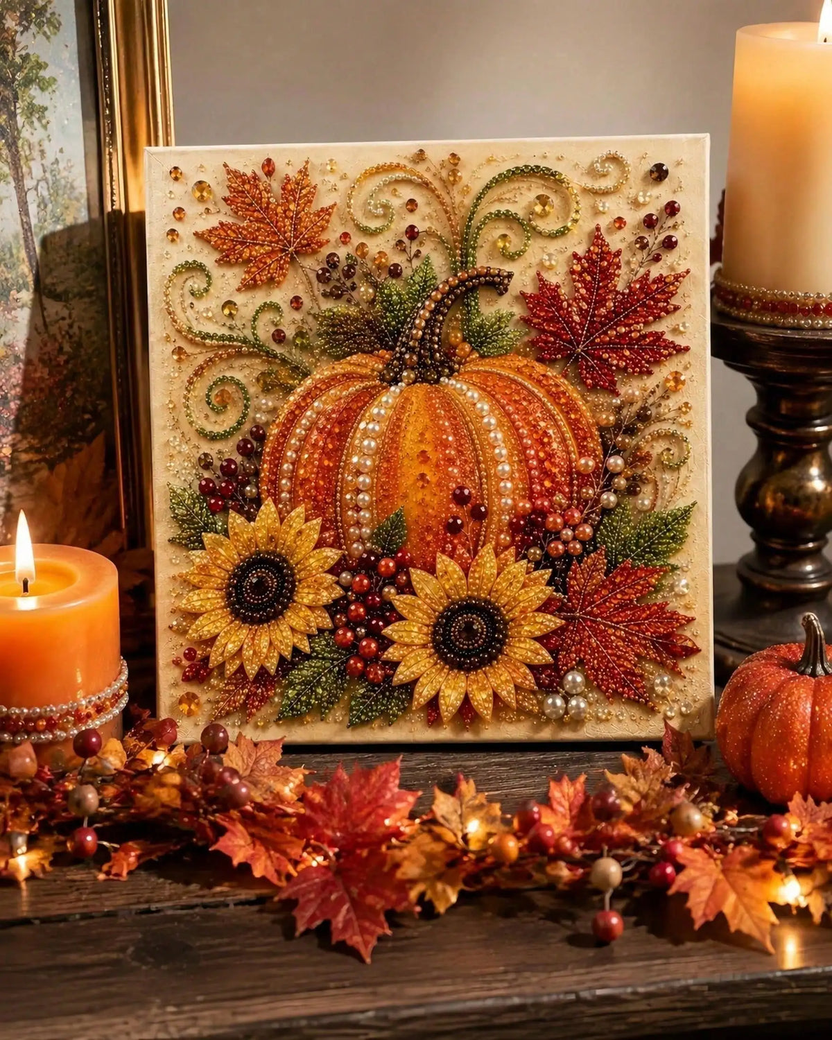 Autumn Pumpkin Pearl Painting Kit, 5D Diamond Art DIY Craft For Adults & Beginners, Cute Fall Harvest Painting Set