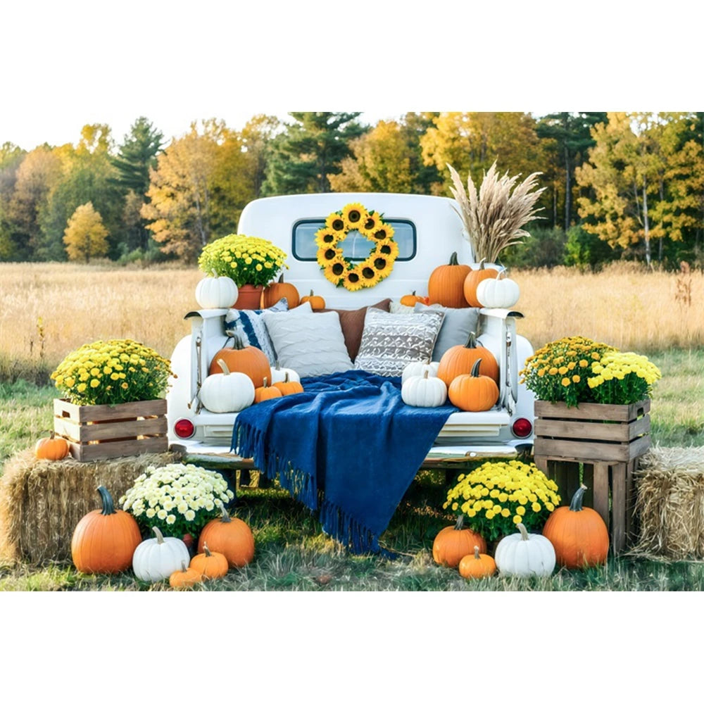 Autumn Truck Photography Background Fall Scenery Maple Leaves Pumpkin Adult Children Thanksgiving Day Party Decor Photo Backdrop