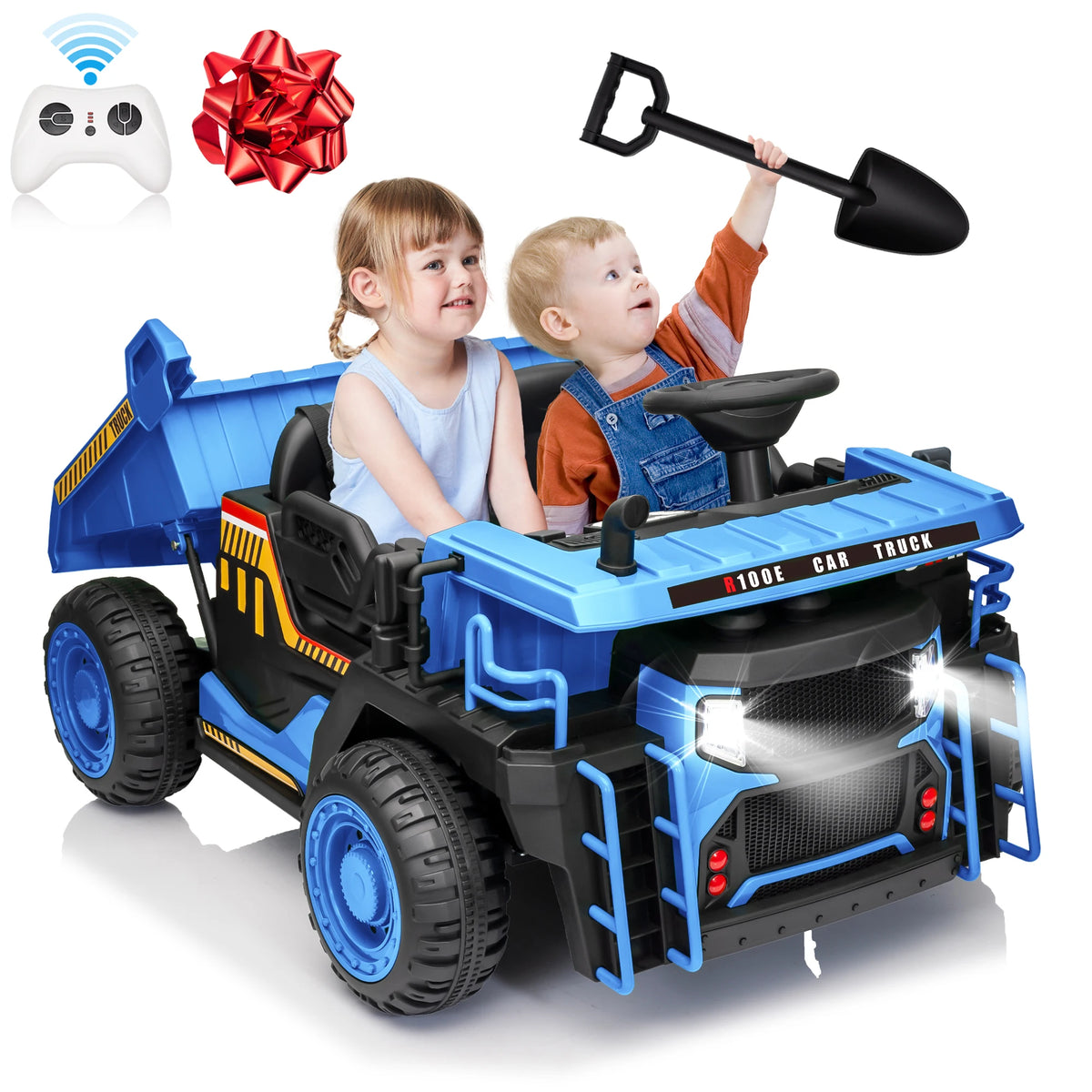 24V Ride on Toys with Remote Control, 2 Seater 400W Ride on Dump Truck, Electric Powered Ride on with Dump Bed, 3 Speeds, Shovel, Blue