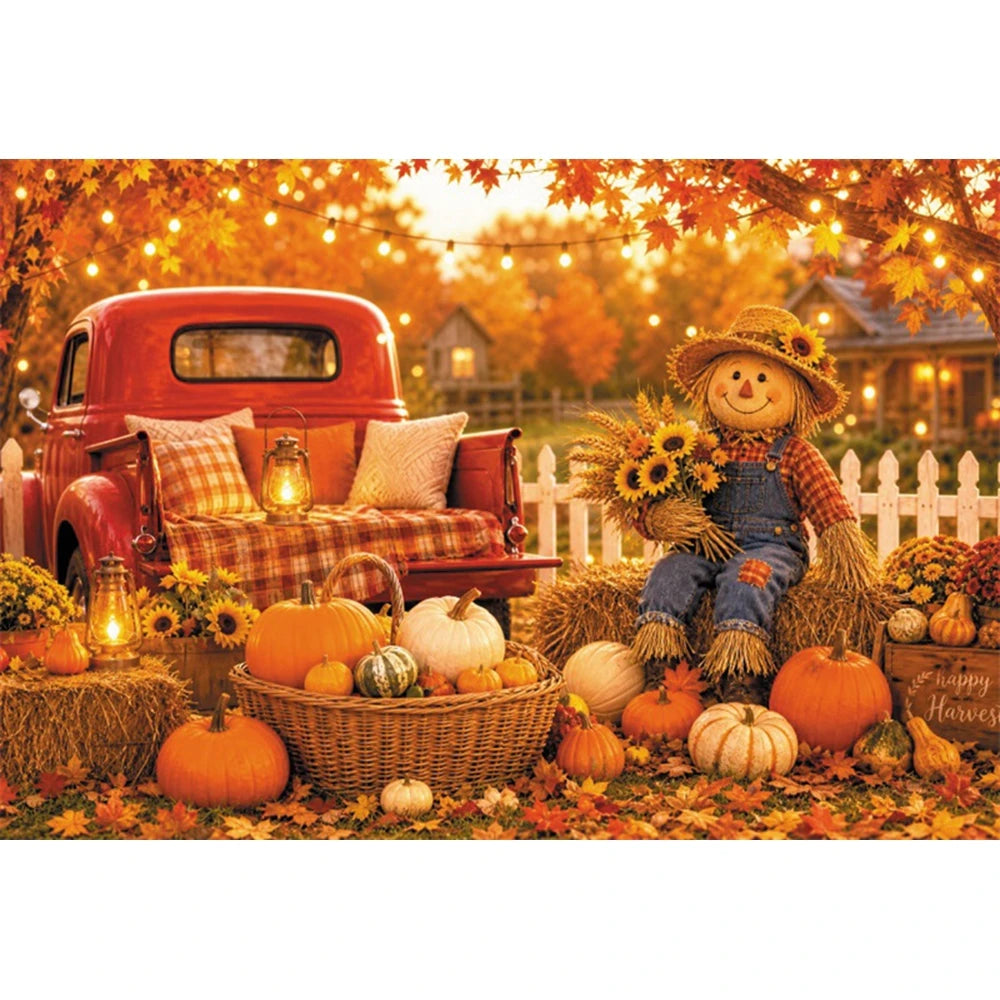 Autumn Scenery Photography Background Yellow Maple Leaves Pumpkin Large Banner Fall Harvest Thanksgiving Party Decor Backdrop