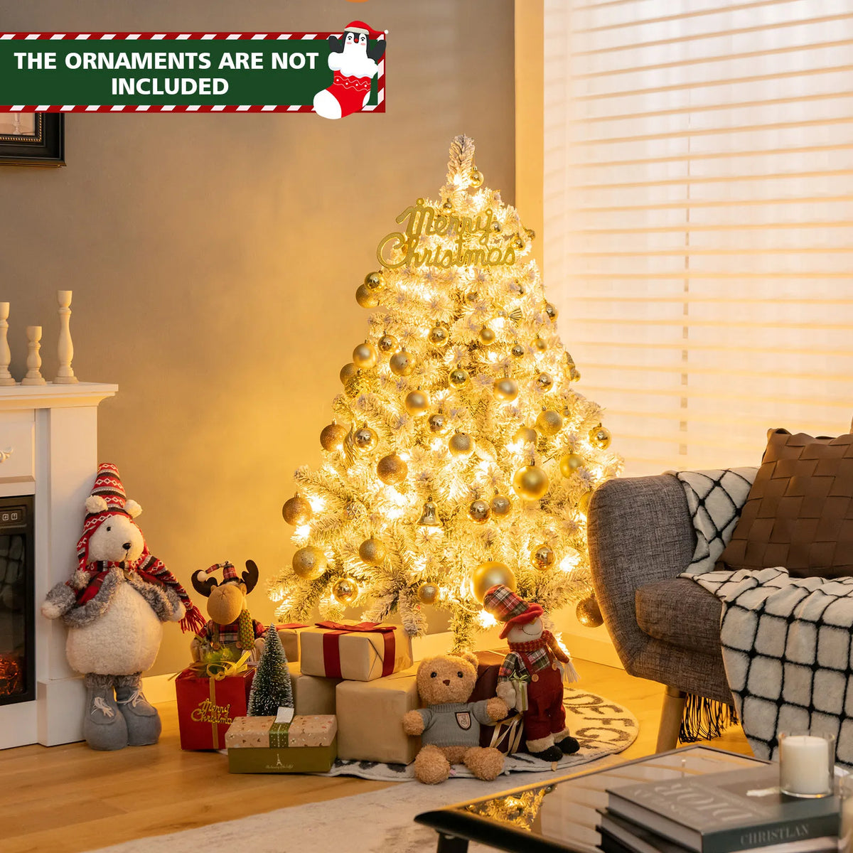 4. 5 FT Snow Flocked Christmas Tree, w/ Metal Stand for Festival & Party Decoration
