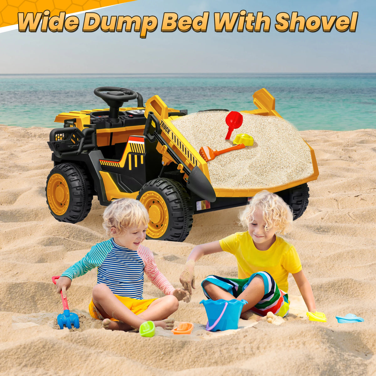 24V Ride on Toys with Remote Control, 2 Seater 400W Ride on Dump Truck, Electric Powered Ride on with Dump Bed, 3 Speeds, Shovel, Blue