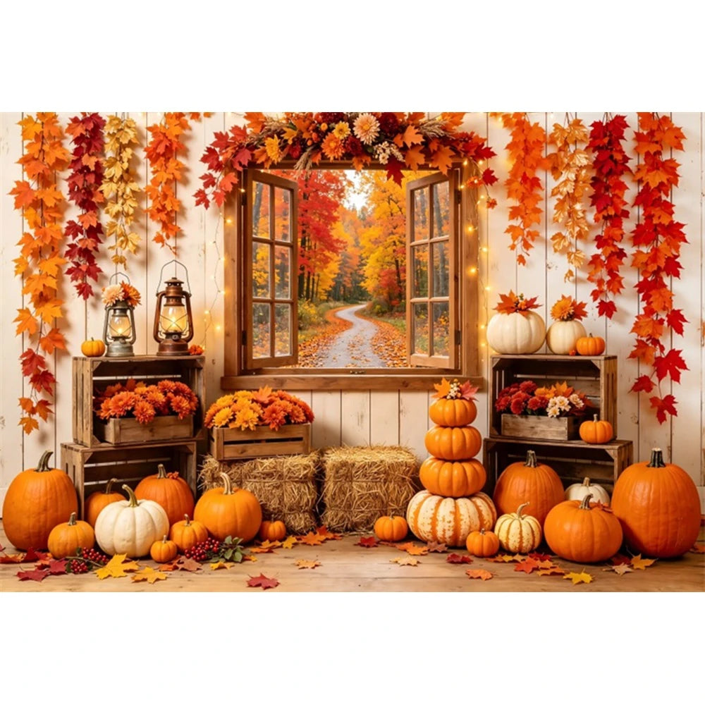Autumn Scenery Photography Background Yellow Maple Leaves Pumpkin Large Banner Fall Harvest Thanksgiving Party Decor Backdrop