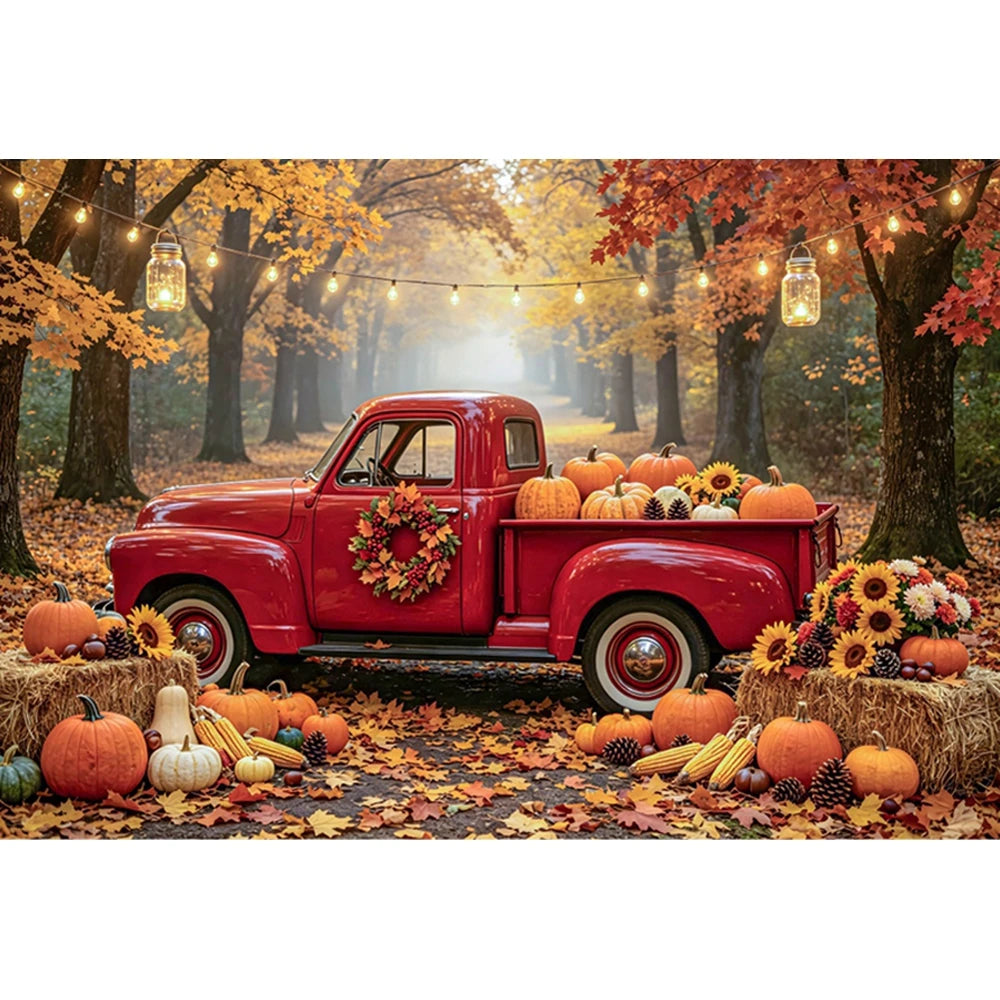 Autumn Truck Photography Background Fall Scenery Maple Leaves Pumpkin Adult Children Thanksgiving Day Party Decor Photo Backdrop