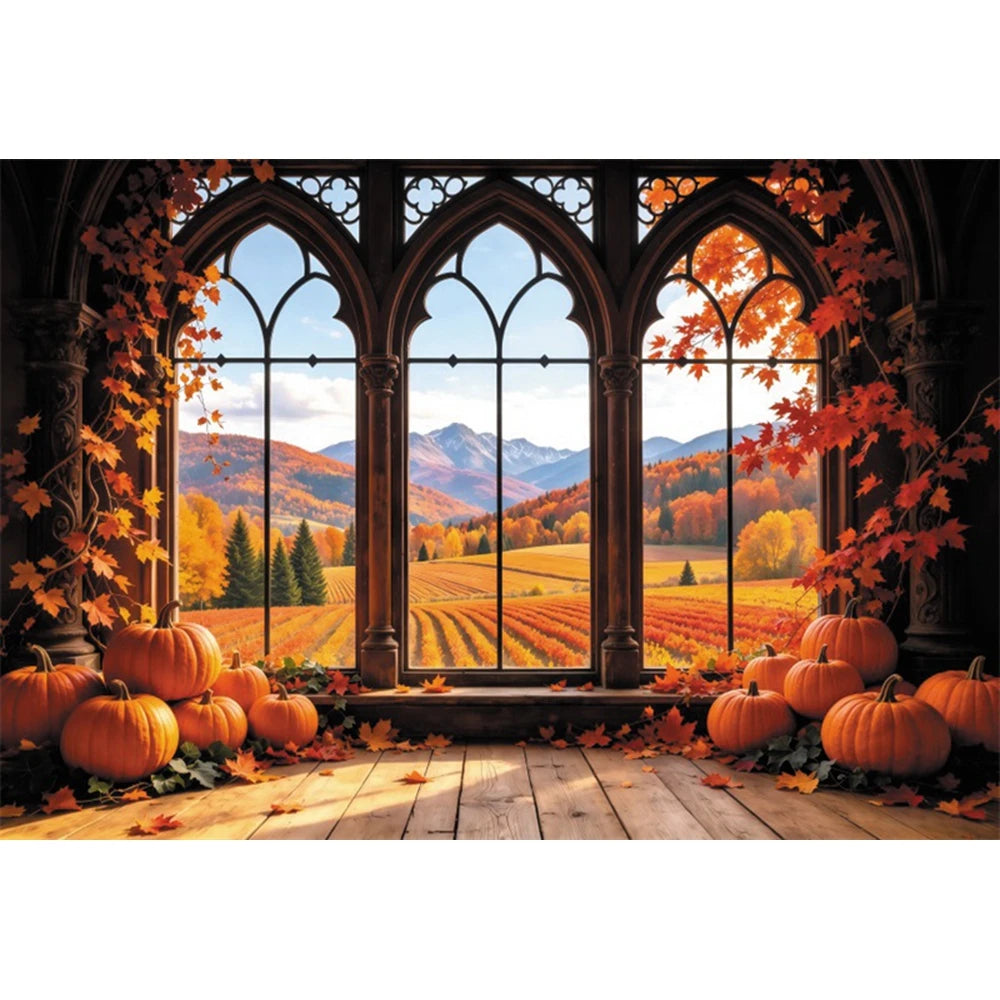 Autumn Scenery Photography Background Yellow Maple Leaves Pumpkin Large Banner Fall Harvest Thanksgiving Party Decor Backdrop
