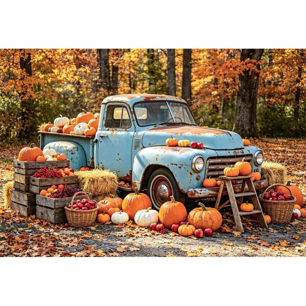 Autumn Truck Photography Background Fall Scenery Maple Leaves Pumpkin Adult Children Thanksgiving Day Party Decor Photo Backdrop