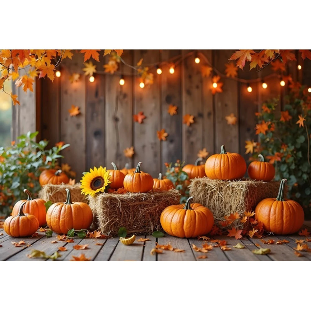 Autumn Photography Backdrop Grey Wooden Board Shining Pumpkin Sunflower 2026 Fall Thanksgiving Party Decoration Photo Background