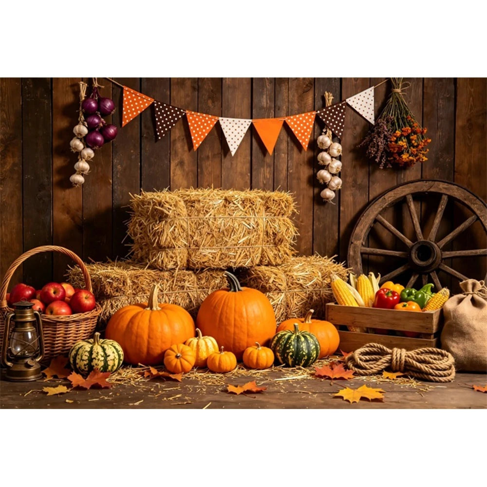 Autumn Scenery Photography Background Yellow Maple Leaves Pumpkin Large Banner Fall Harvest Thanksgiving Party Decor Backdrop
