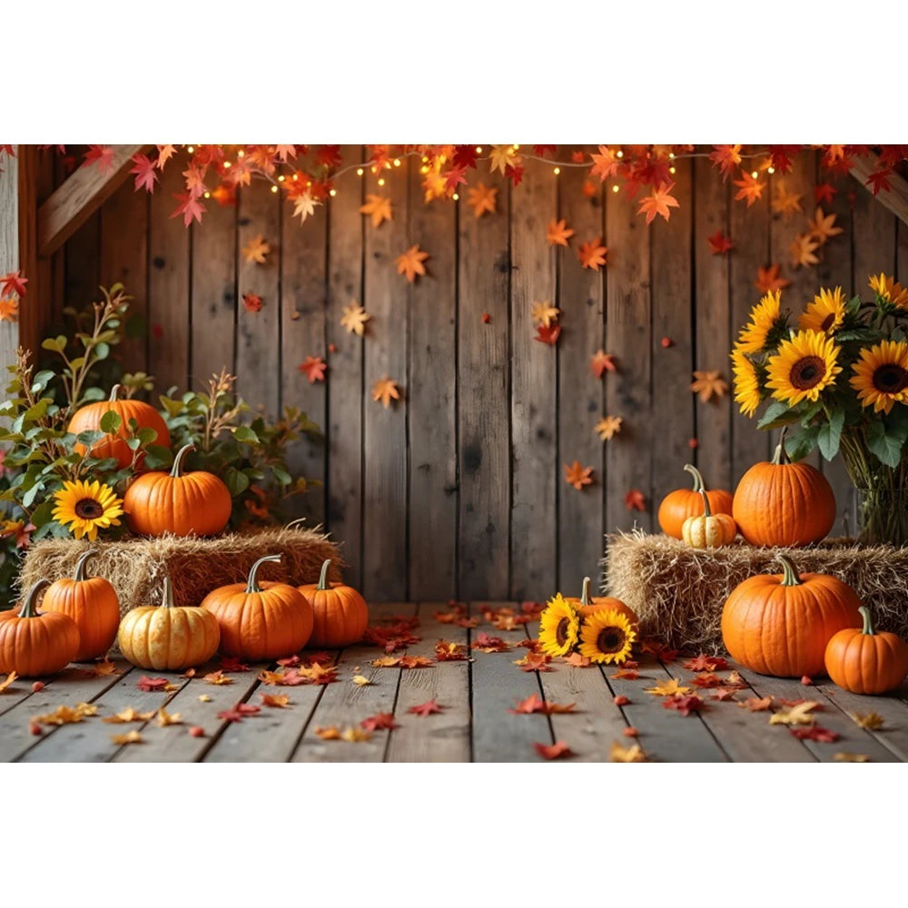 Autumn Photography Backdrop Grey Wooden Board Shining Pumpkin Sunflower 2026 Fall Thanksgiving Party Decoration Photo Background