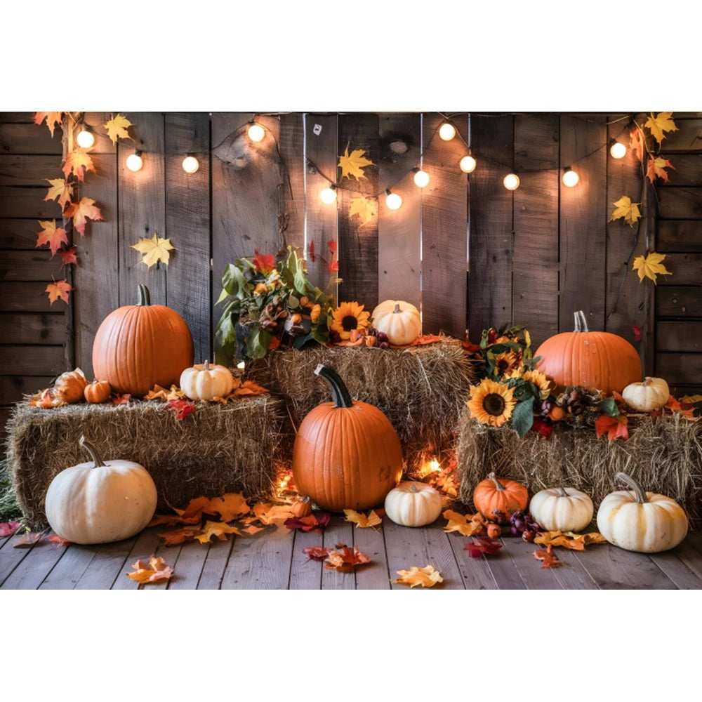Autumn Photography Backdrop Grey Wooden Board Shining Pumpkin Sunflower 2026 Fall Thanksgiving Party Decoration Photo Background