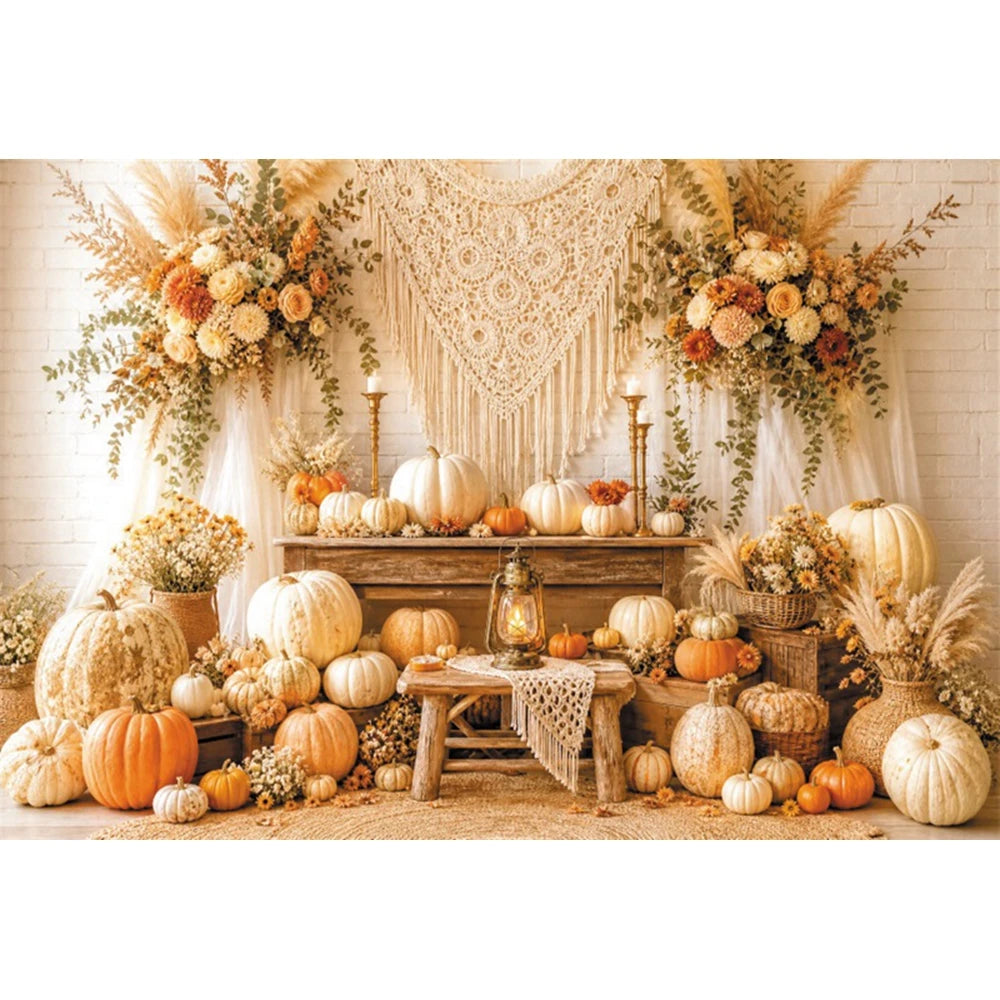 Autumn Scenery Photography Background Yellow Maple Leaves Pumpkin Large Banner Fall Harvest Thanksgiving Party Decor Backdrop