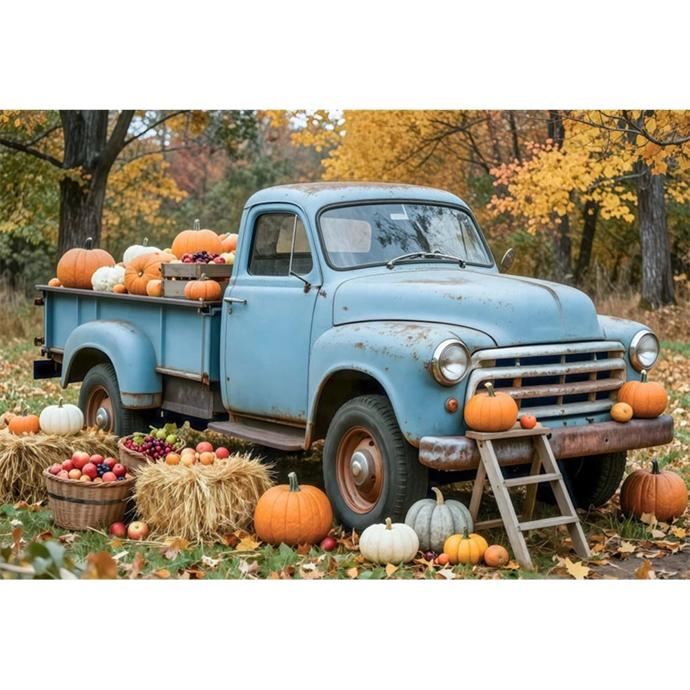 Autumn Truck Photography Background Fall Scenery Maple Leaves Pumpkin Adult Children Thanksgiving Day Party Decor Photo Backdrop