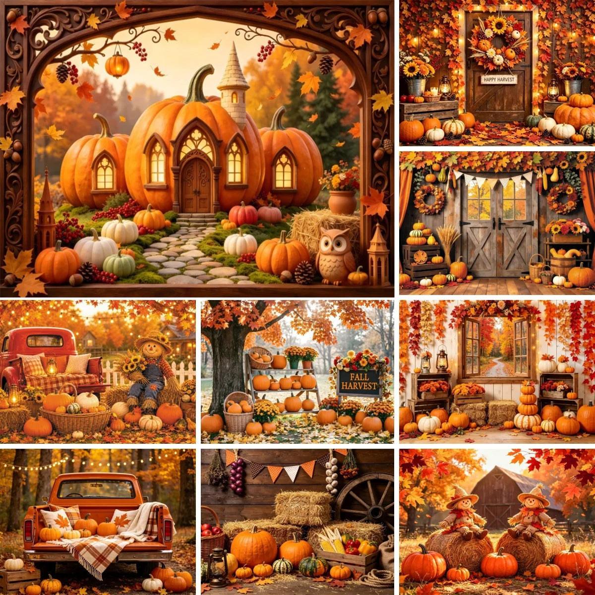 Autumn Scenery Photography Background Yellow Maple Leaves Pumpkin Large Banner Fall Harvest Thanksgiving Party Decor Backdrop