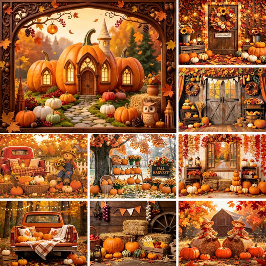 Autumn Scenery Photography Background Yellow Maple Leaves Pumpkin Large Banner Fall Harvest Thanksgiving Party Decor Backdrop