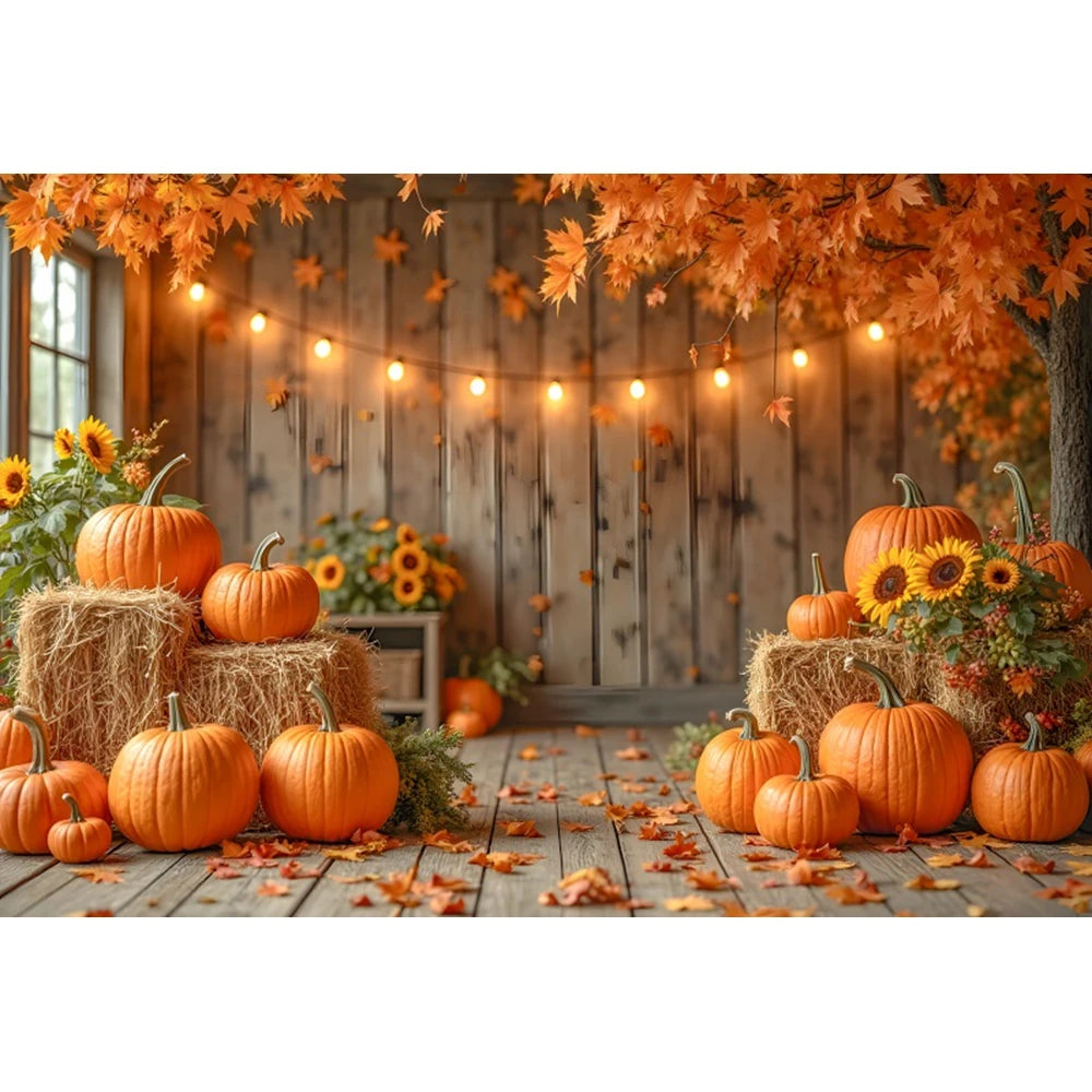 Autumn Photography Backdrop Grey Wooden Board Shining Pumpkin Sunflower 2026 Fall Thanksgiving Party Decoration Photo Background