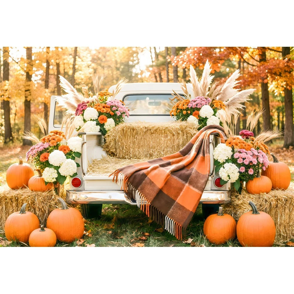 Autumn Truck Photography Background Fall Scenery Maple Leaves Pumpkin Adult Children Thanksgiving Day Party Decor Photo Backdrop