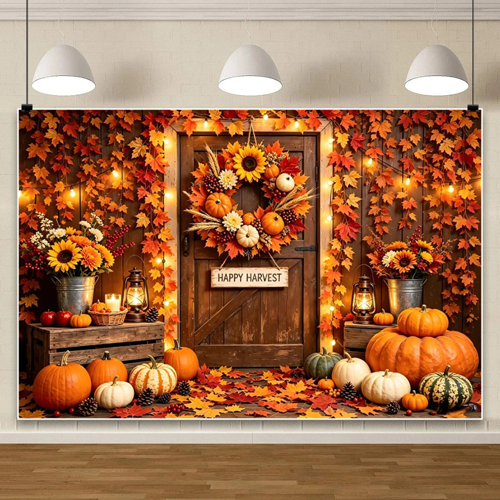 Autumn Scenery Photography Background Yellow Maple Leaves Pumpkin Large Banner Fall Harvest Thanksgiving Party Decor Backdrop