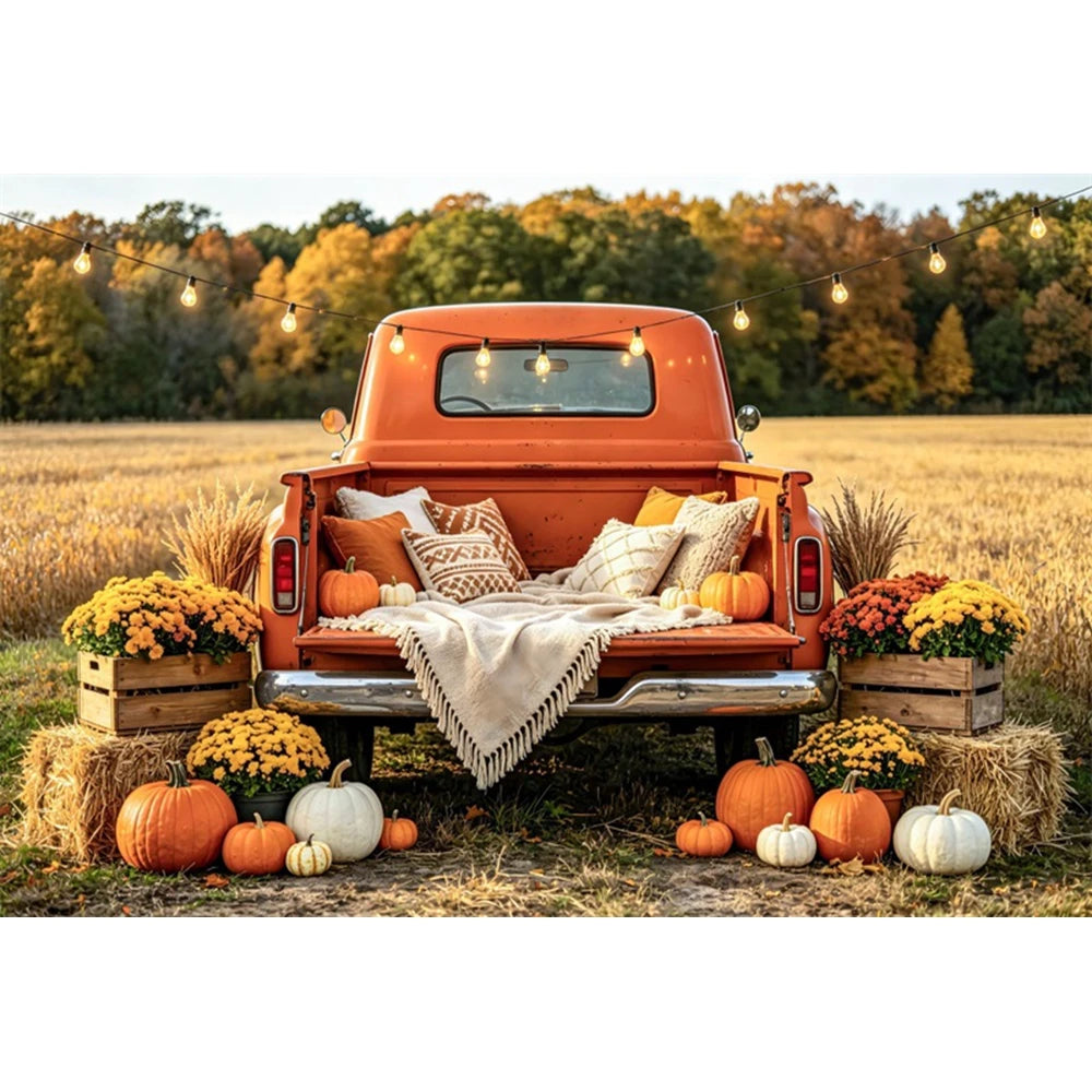 Autumn Truck Photography Background Fall Scenery Maple Leaves Pumpkin Adult Children Thanksgiving Day Party Decor Photo Backdrop