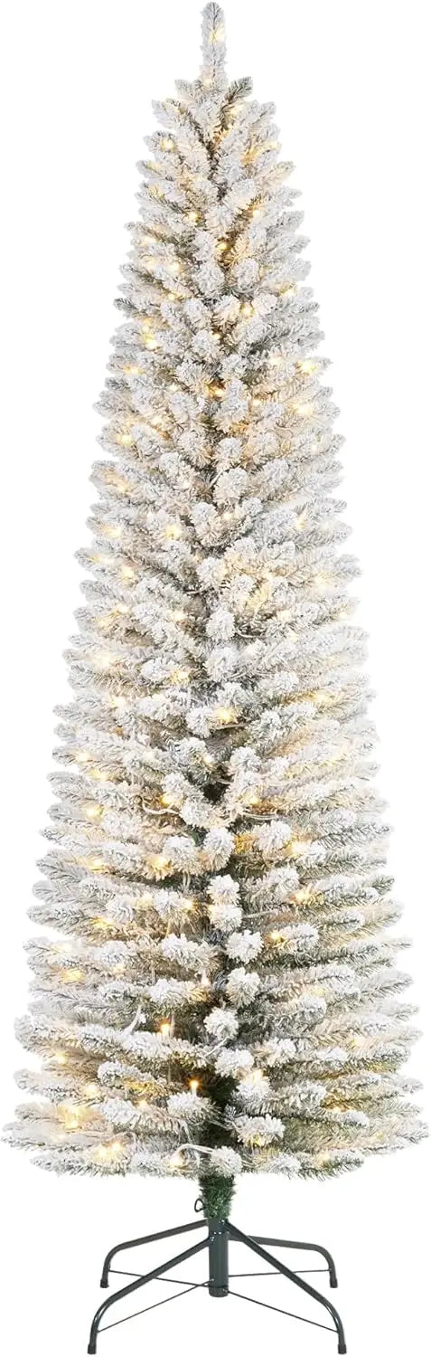 6/7.5/9Ft Flocked Pencil Christmas Tree with Lights, Slim Prelit Artificial Christmas Tree with Snowy Branch Tips, Metal Stand,