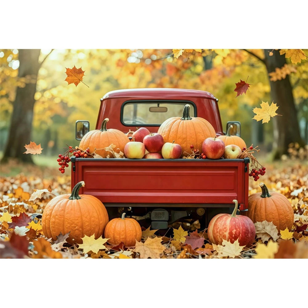 Autumn Truck Photography Background Fall Scenery Maple Leaves Pumpkin Adult Children Thanksgiving Day Party Decor Photo Backdrop