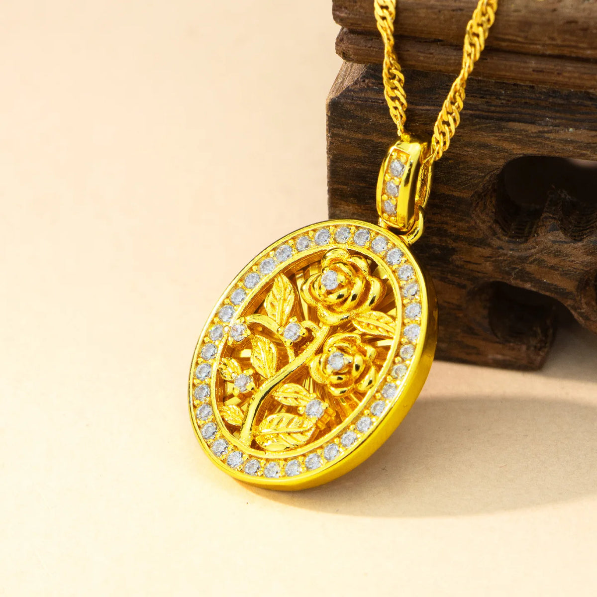 Luxury 24K 9999 Pure Gold real gold Women's Diamond Rose Pendant Necklace