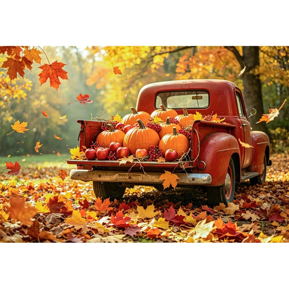 Autumn Truck Photography Background Fall Scenery Maple Leaves Pumpkin Adult Children Thanksgiving Day Party Decor Photo Backdrop