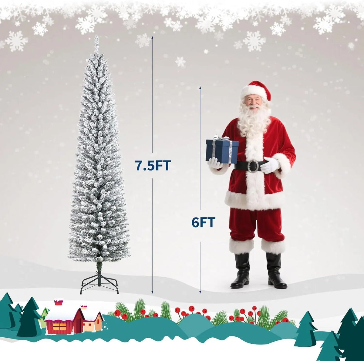 6/7.5/9Ft Flocked Pencil Christmas Tree with Lights, Slim Prelit Artificial Christmas Tree with Snowy Branch Tips, Metal Stand,