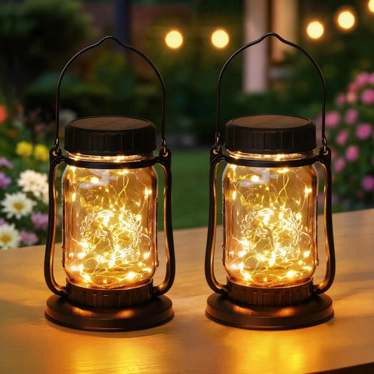2/4pcs Solar Hanging Outdoor Lanterns, IPX5, 600mAh Long-Lasting Battery, Super Bright Imported LEDs, High-Efficiency Solar Panel, 30 Warm White Fairy Lights, Vintage Mason Jar Design for Yard, Patio, Wedding & Christmas Deco