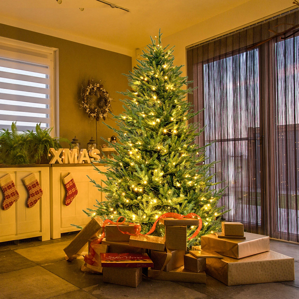 6/ 7 FT Pre-Lit Artificial Christmas Tree, Foldable Metal Stand, Xmas Holiday Party Decor for Office, Home
