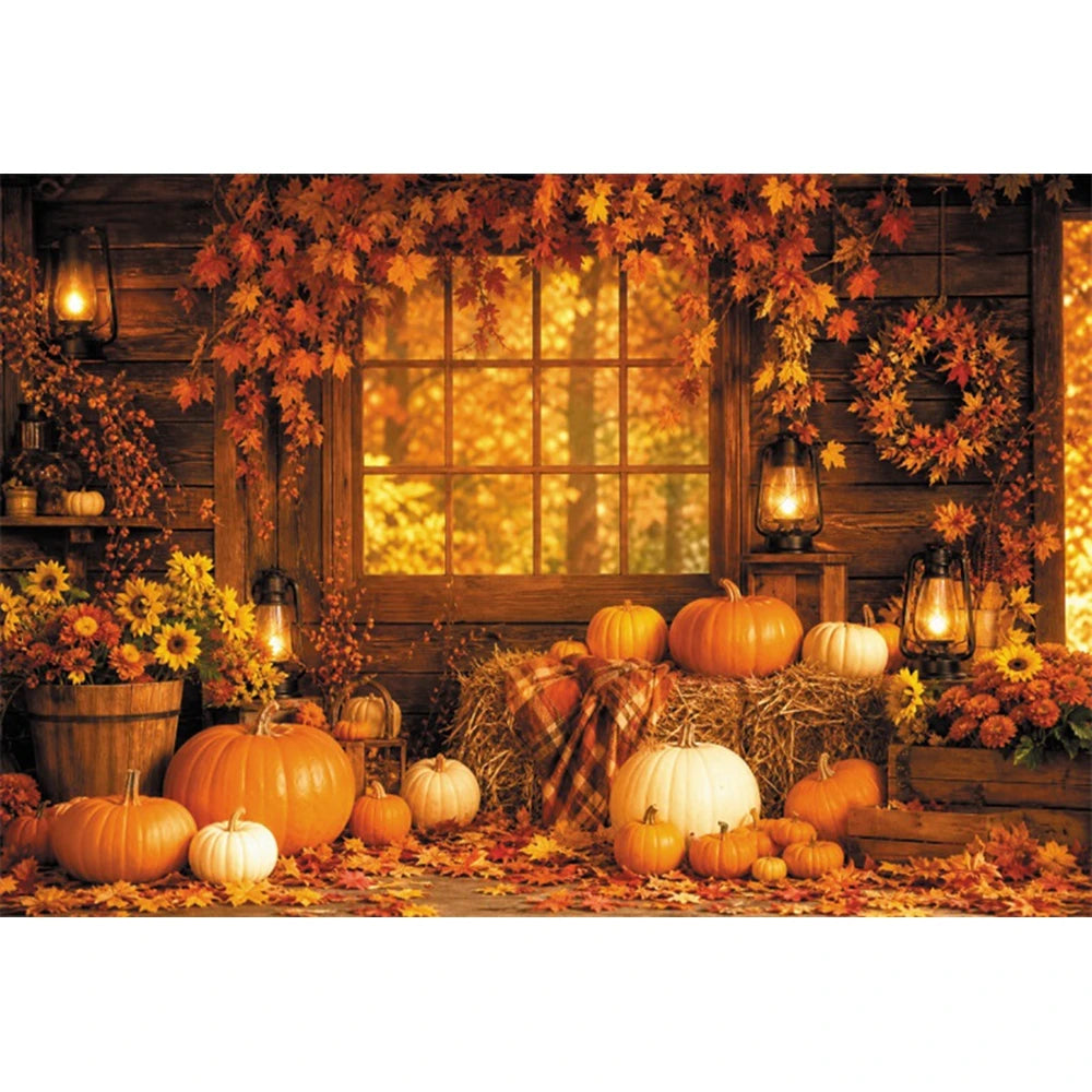Autumn Scenery Photography Background Yellow Maple Leaves Pumpkin Large Banner Fall Harvest Thanksgiving Party Decor Backdrop