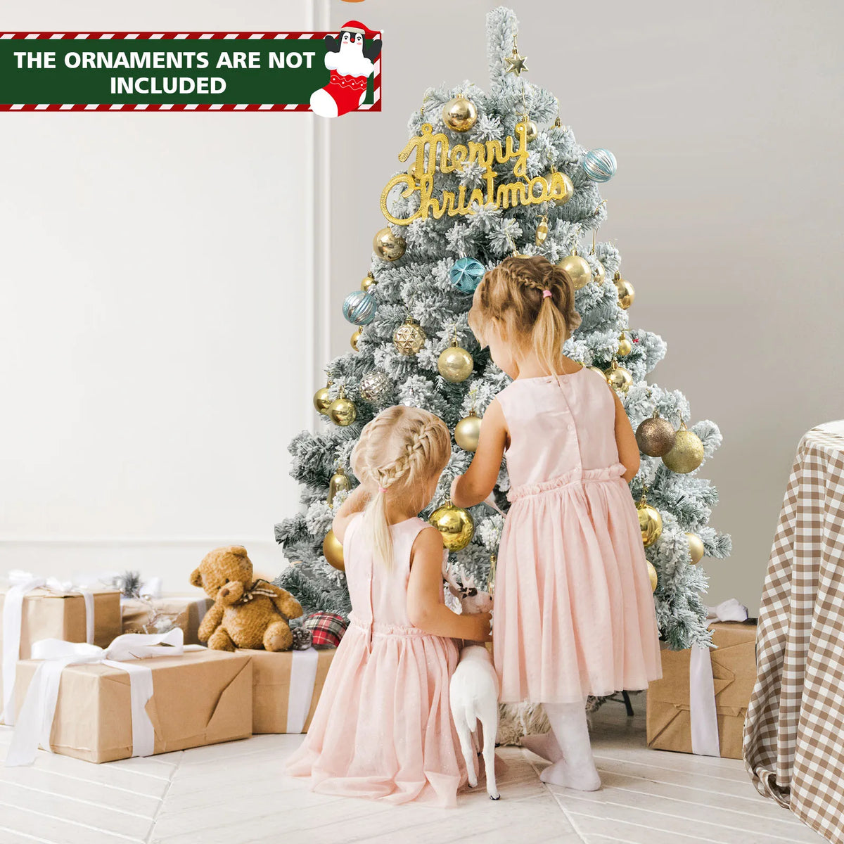 4. 5 FT Snow Flocked Christmas Tree, w/ Metal Stand for Festival & Party Decoration