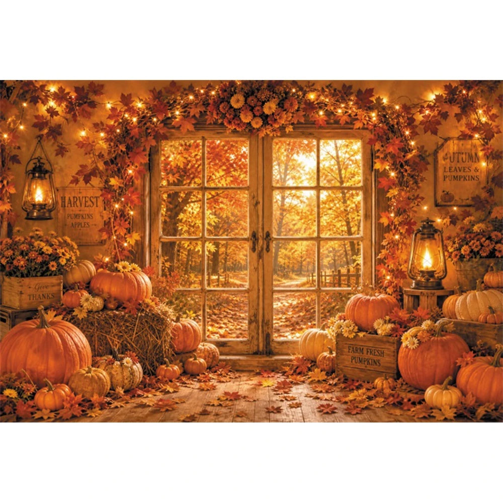 Autumn Scenery Photography Background Yellow Maple Leaves Pumpkin Large Banner Fall Harvest Thanksgiving Party Decor Backdrop