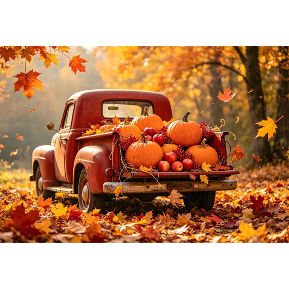 Autumn Truck Photography Background Fall Scenery Maple Leaves Pumpkin Adult Children Thanksgiving Day Party Decor Photo Backdrop