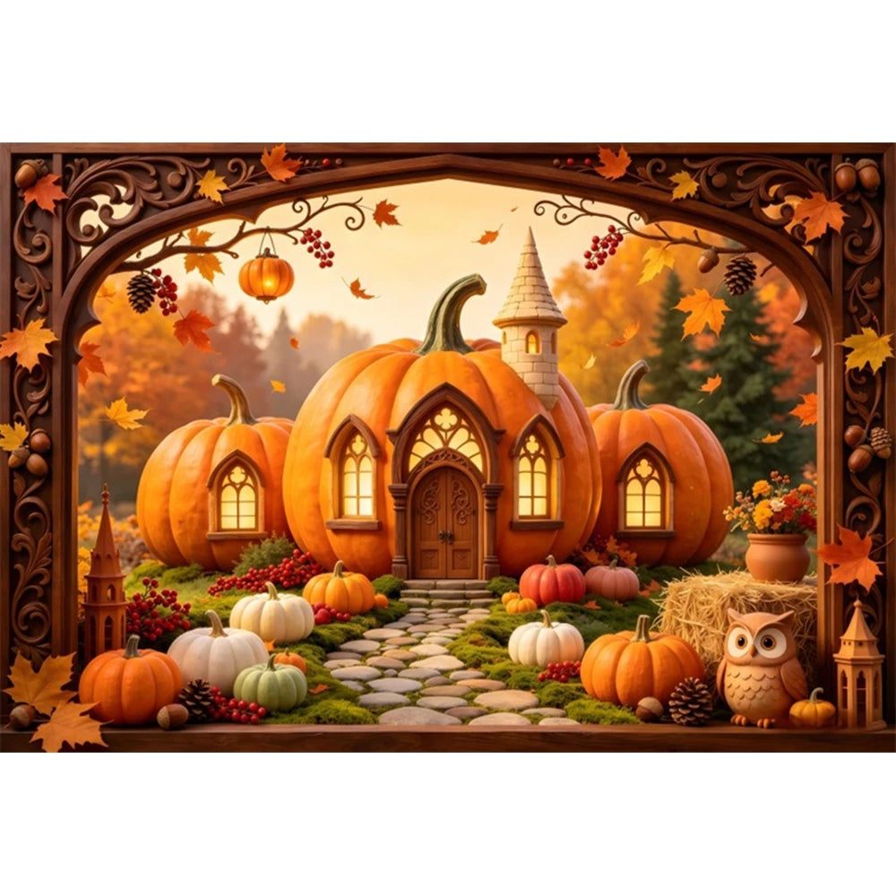 Autumn Scenery Photography Background Yellow Maple Leaves Pumpkin Large Banner Fall Harvest Thanksgiving Party Decor Backdrop