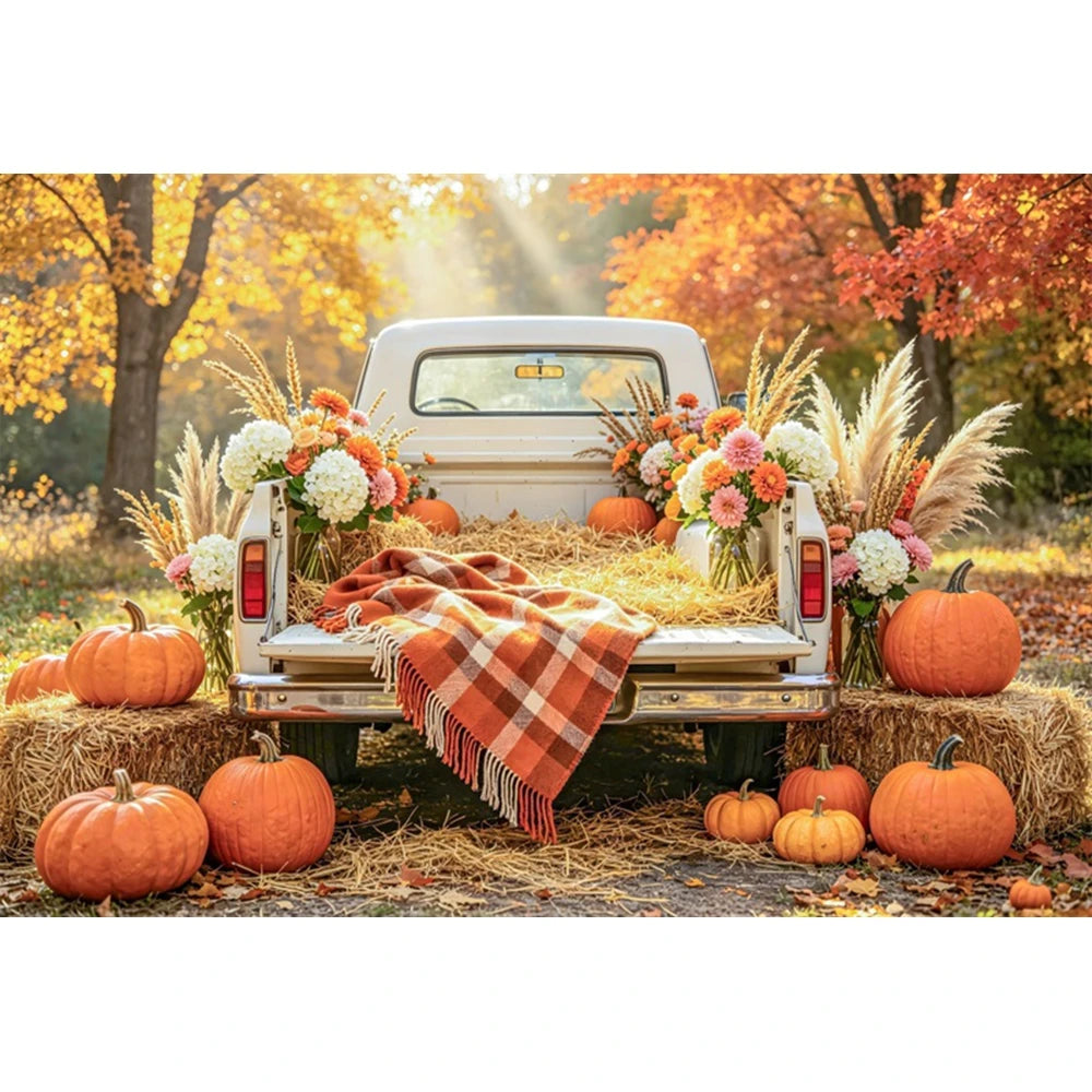 Autumn Truck Photography Background Fall Scenery Maple Leaves Pumpkin Adult Children Thanksgiving Day Party Decor Photo Backdrop
