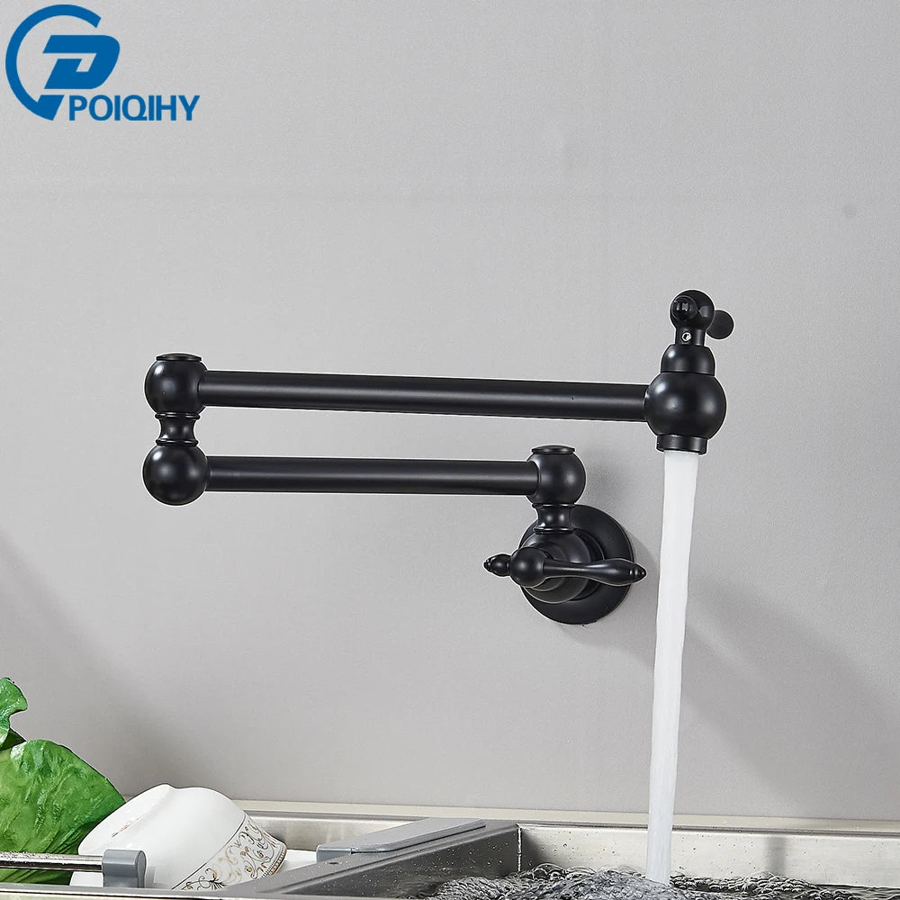 Chrome Black Wall Mounted Faucet Single Cold Water Tap 360 Rotating Spout Washing Faucet Folding Neck Bathroom Kitchen Tap