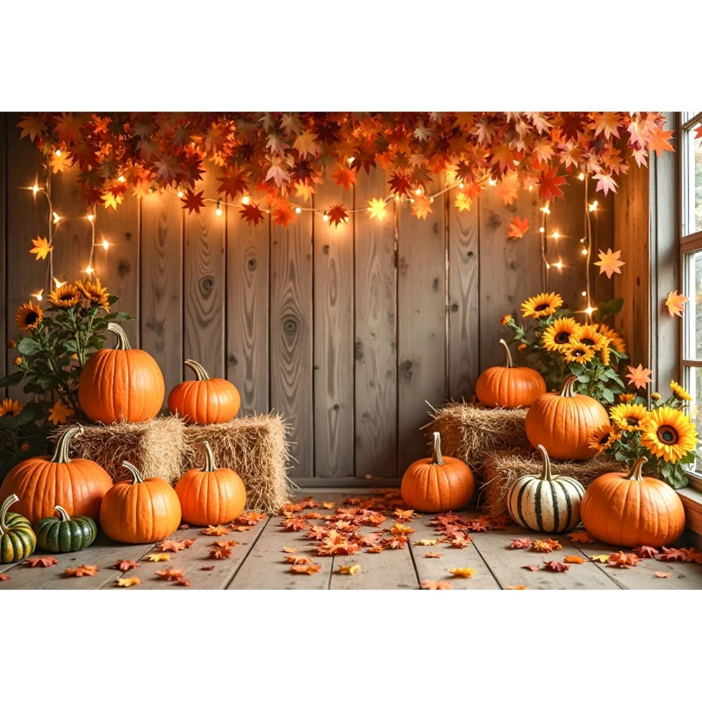 Autumn Photography Backdrop Grey Wooden Board Shining Pumpkin Sunflower 2026 Fall Thanksgiving Party Decoration Photo Background