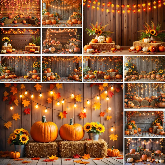 Autumn Photography Backdrop Grey Wooden Board Shining Pumpkin Sunflower 2026 Fall Thanksgiving Party Decoration Photo Background