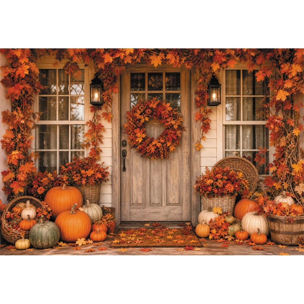 Autumn Scenery Photography Background Yellow Maple Leaves Pumpkin Large Banner Fall Harvest Thanksgiving Party Decor Backdrop