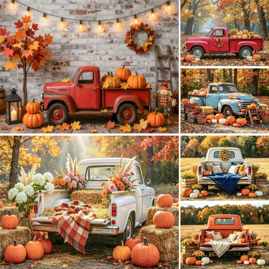 Autumn Truck Photography Background Fall Scenery Maple Leaves Pumpkin Adult Children Thanksgiving Day Party Decor Photo Backdrop