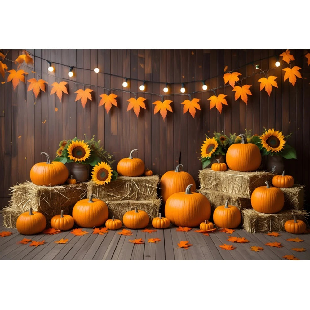 Autumn Photography Backdrop Grey Wooden Board Shining Pumpkin Sunflower 2026 Fall Thanksgiving Party Decoration Photo Background