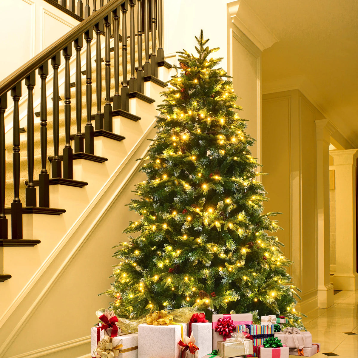 5/ 6/ 7/ 9FT Pre-Lit Artificial Christmas Tree, Realistic Snowy Xmas Tree Lush Hinged Pine Tree Modes for Celebration