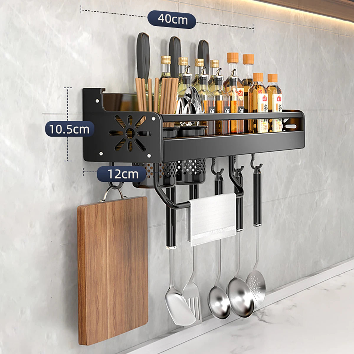 Metal Kitchen Shelf No-Punch Large Capacity Storage Kitchen Utensils Skeletonized Drainage Design Easy to Clean Black