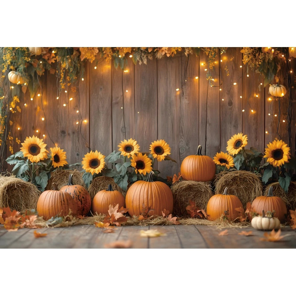 Autumn Photography Backdrop Grey Wooden Board Shining Pumpkin Sunflower 2026 Fall Thanksgiving Party Decoration Photo Background