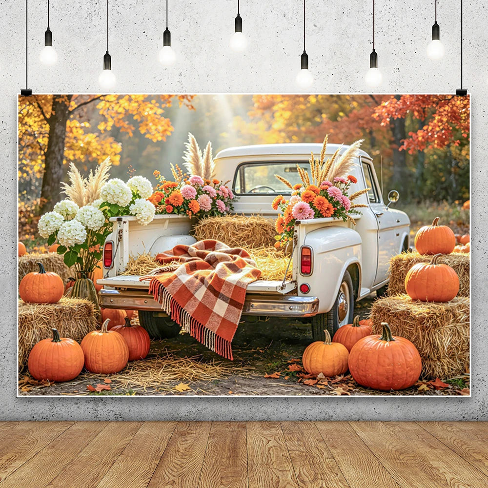 Autumn Truck Photography Background Fall Scenery Maple Leaves Pumpkin Adult Children Thanksgiving Day Party Decor Photo Backdrop